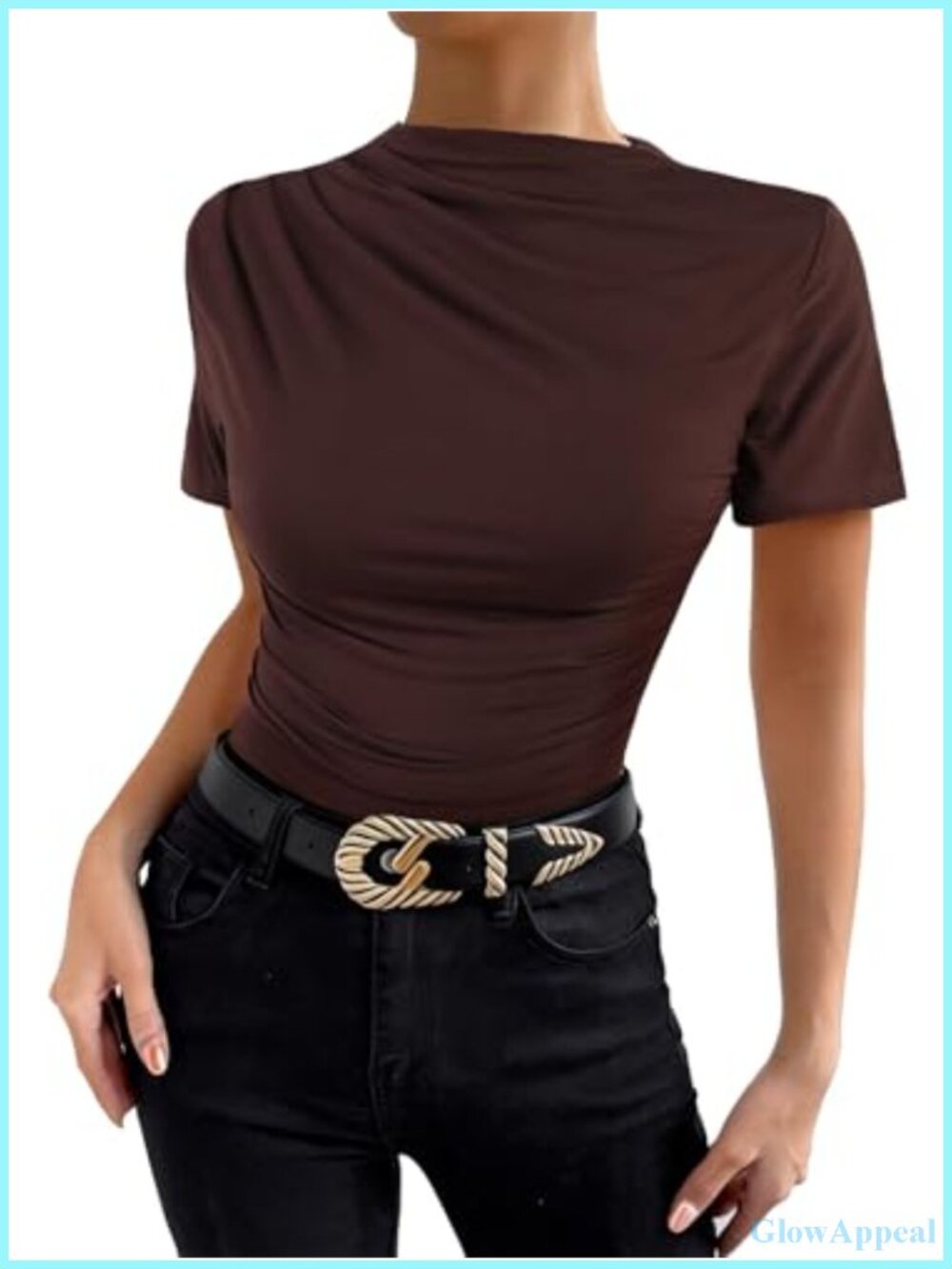 SOFIA'S CHOICE Women Ruched Mock Neck Short Sleeve Top Business Casual